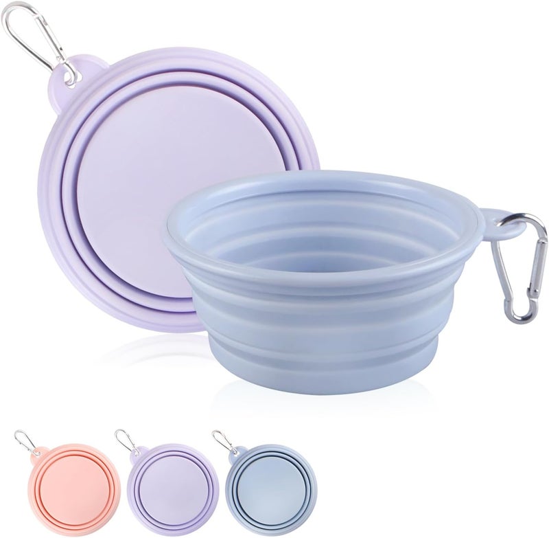TECOPH Collapsible Dog Bowls 2-Pack, Portable Travel Dog Bowl with Carabiner, Food-Grade Silicone Pet Bowl for Hiking, Walking (22 OZ Macaron Blue and Violet) - Image 1